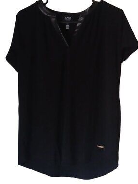 Jones New York Black Short‑Sleeve Blouse w/ Faux‑Leather Trim
